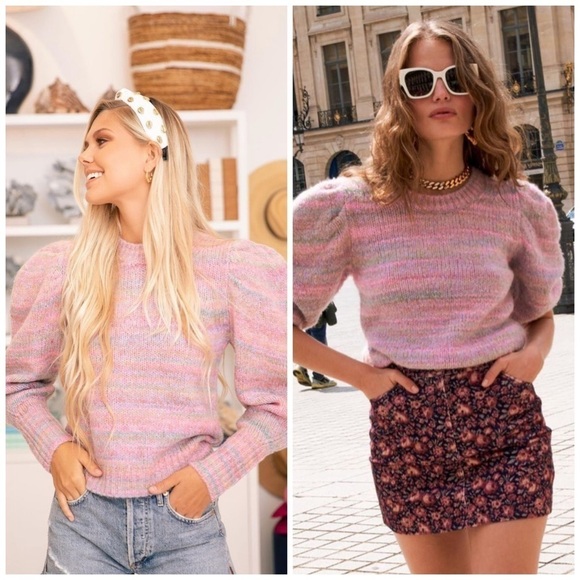 LoveShackFancy Aquarius Pullover Knit Sweater Crew Neck Long Puff Sleeve Pink